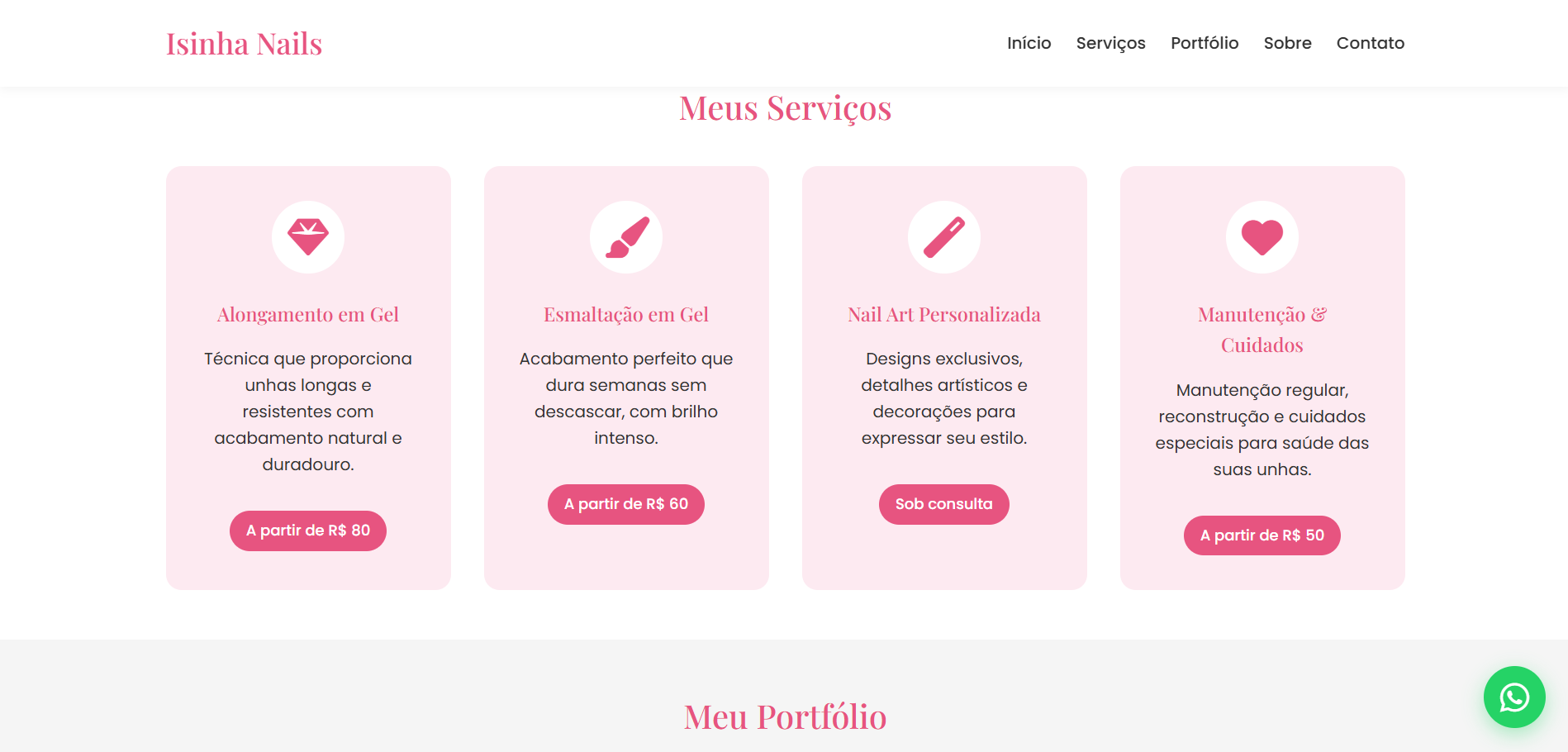 Screenshot da Landing Page Isinha Nails